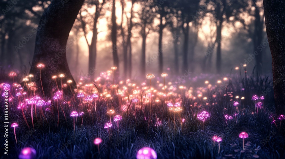 Fototapeta premium Enchanted Forest: Glowing Mushrooms at Dusk