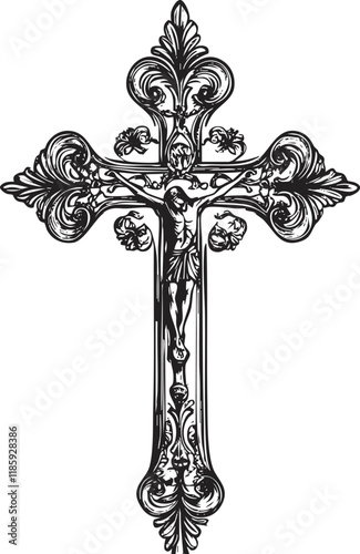 Intricate ornamental cross design in black and white illustration.