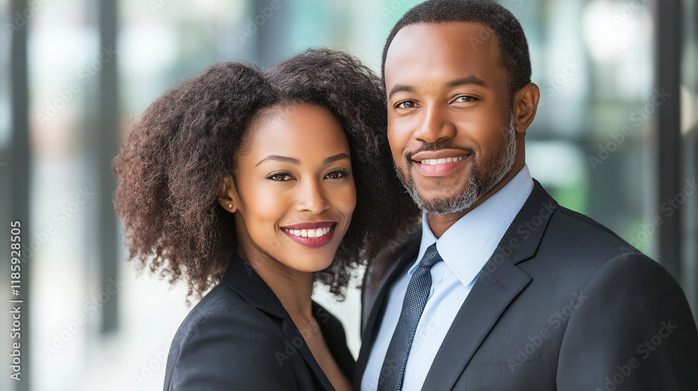 African American couple in professional attire smiling. Perfect for workplace diversity, corporate success, and professional partnership African American couple in professional attire smiling. Perfect for workplace diversity, corporate success, and professional partnership