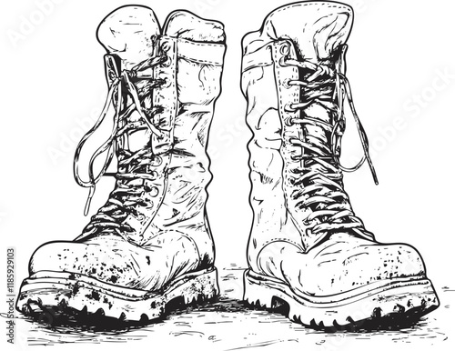 Detailed black and white sketch of rugged laced boots on white background.