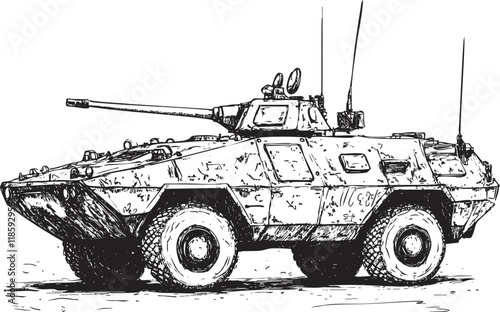 Illustration of an armored military vehicle with guns and antennas.