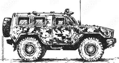 Illustration of a rugged military armored vehicle with camouflage pattern.