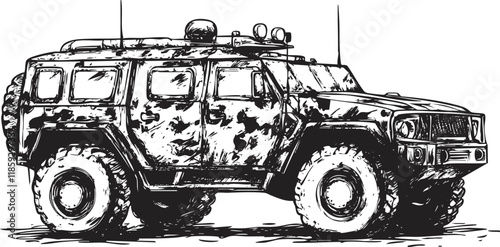 Illustration of a military armored vehicle in a detailed sketch style.