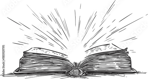 Illustration of an open book emitting magical light and sparks.
