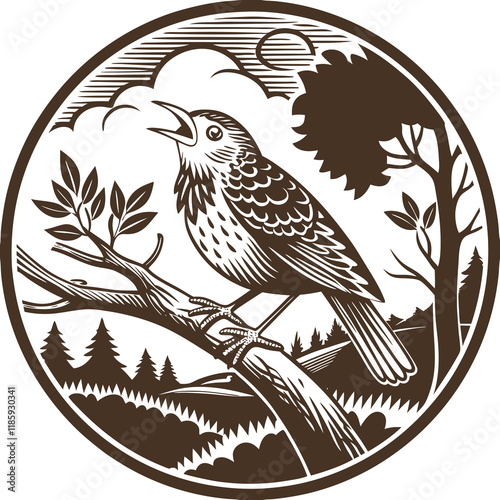 Singing bird on branch in sepia vintage illustration