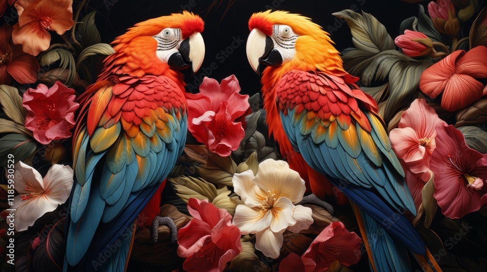 Two parrots are perched on a branch in a colorful flower garden Two parrots are perched on a branch in a colorful flower garden