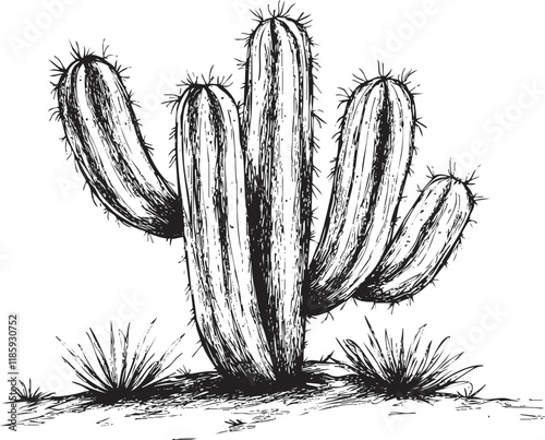 Hand-drawn cactus illustration with detailed spikes and desert flora.