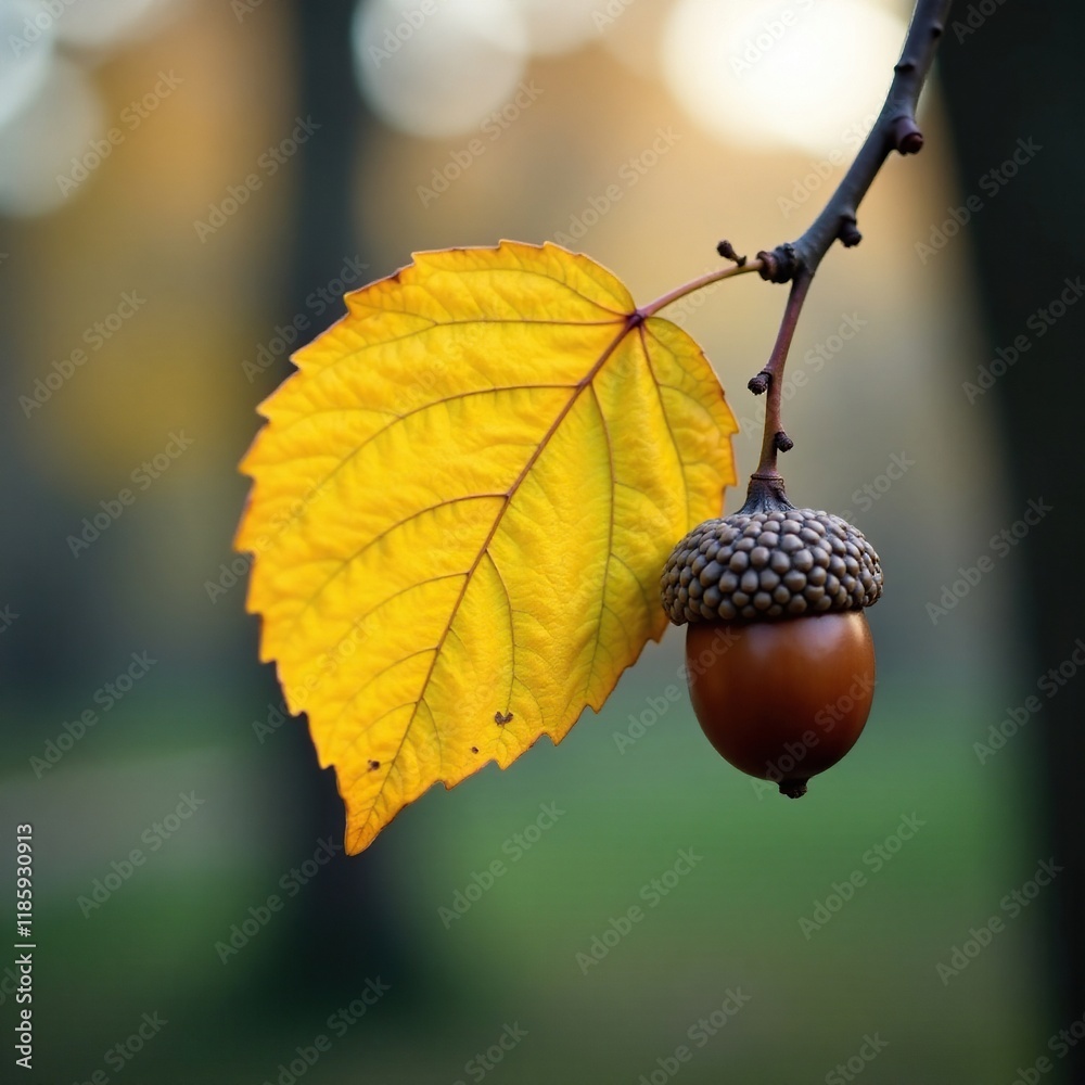A single yellow leaf clinging to a branch with a brown acorn nearby, woodland, acorns A single yellow leaf clinging to a branch with a brown acorn nearby, woodland, acorns