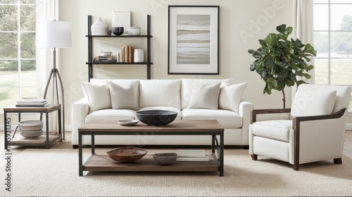 Modern living room with white sofa, armchair, coffee table, and shelving.