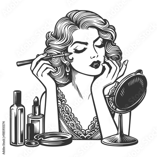 woman applying makeup, mirror and beauty products sketch engraving generative ai fictional character vector illustration. Scratch board imitation. Black and white image.