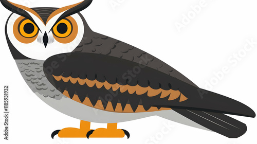 Spectacled Owl illustration, perched, white background, wildlife design, educational use. photo