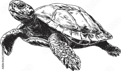 Detailed black and white turtle illustration showcasing its shell and limbs.