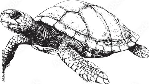 Black and white turtle illustration showing detailed shell and limbs.