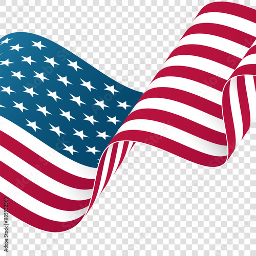 Waving Flag of the United States of America. Transparent background. Graphic template for American national holidays greetings cards and festive backgrounds. Vector illustration.