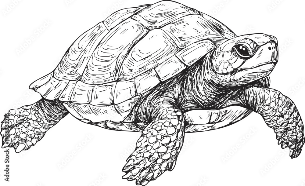 Fototapeta premium Detailed black and white illustration of a turtle with intricate shell patterns.
