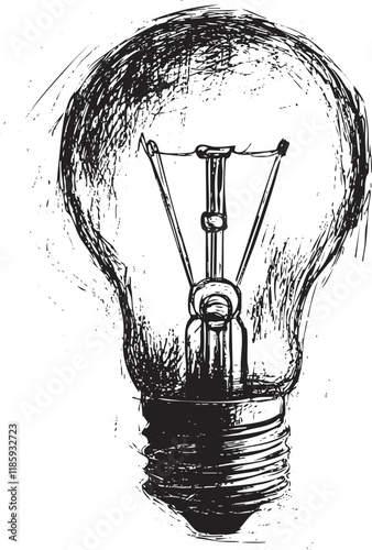Detailed sketch of a vintage lightbulb in black and white illustration.