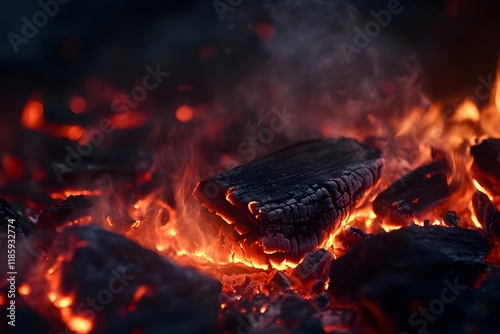 Glowing embers smolder in outdoor fire pit at night