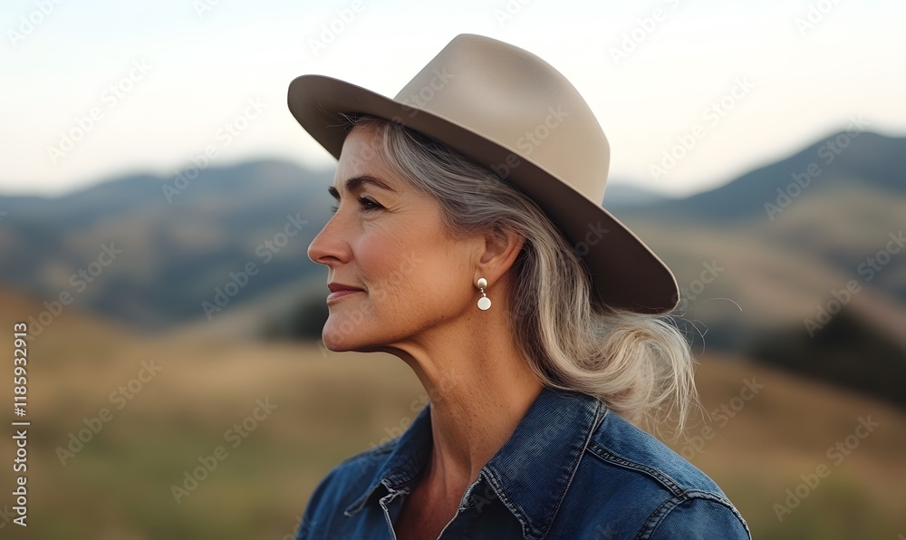 lady in profile wearing simple earrings, with a California mountain landscape in the background, Generative AI lady in profile wearing simple earrings, with a California mountain landscape in the background, Generative AI