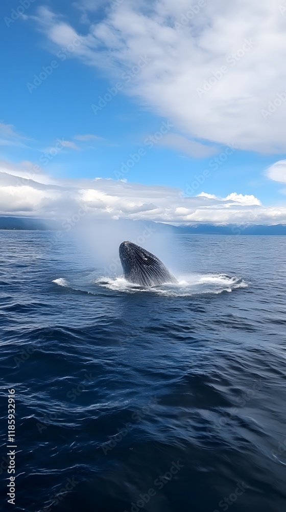 Fototapeta premium Whale's Tail Above Water with Scenic Horizon