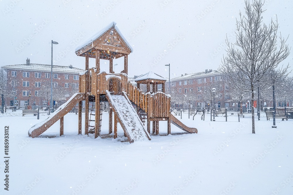 A snowy playground with wooden equipment stands still in a serene winter landscape, surrounded by soft white snow. A snowy playground with wooden equipment stands still in a serene winter landscape, surrounded by soft white snow.