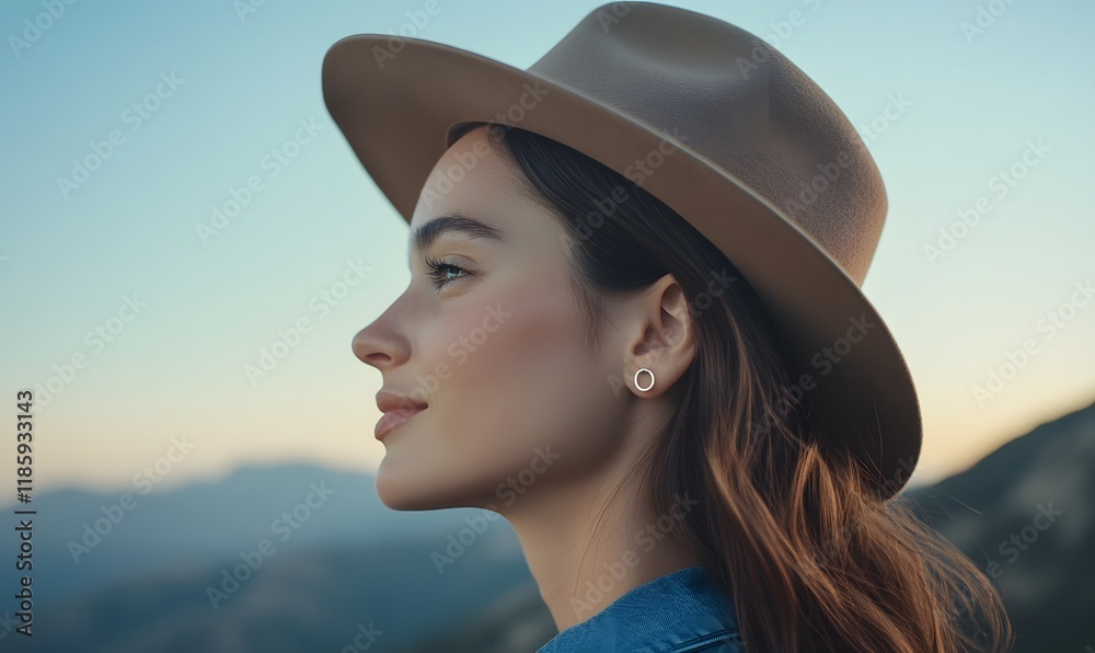 lady in profile wearing simple earrings, with a California mountain landscape in the background, Generative AI lady in profile wearing simple earrings, with a California mountain landscape in the background, Generative AI