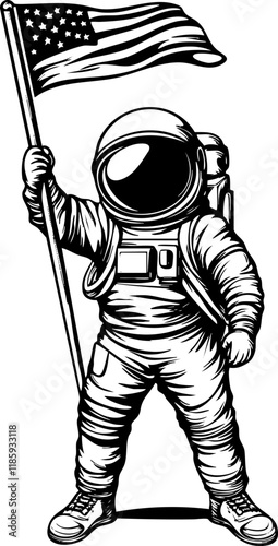 Illustration of an astronaut holding the American flag in black and white.