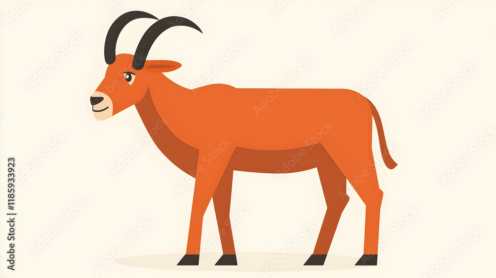 Fototapeta premium Cute orange antelope, profile view, simple cartoon style, white background, safari illustration.