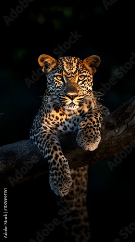 Majestic Leopard Resting Gracefully On Tree Branch photo