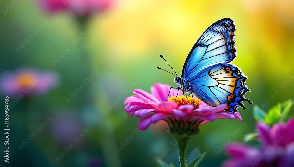 Vibrant Blue Butterfly on a Multicolored Blossom Vibrant Blue Butterfly on a Multicolored Blossom