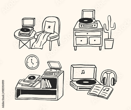 A collection of cozy minimalist line art illustrations showcasing vinyl player setups with retro vibes, plants, books, and serene decor, perfect for music and interior design themes.