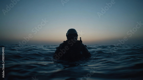 military frogman emerges from dark ocean waters at dusk, showcasing bravery and resilience. silhouette against fading light creates dramatic and intense atmosphere