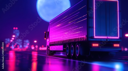 Neon Nightscape: Futuristic Truck on a City Highway