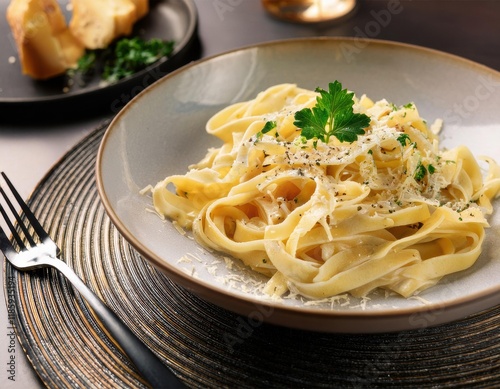 Close-up of a plate of creamy fettuccine Alfredo
