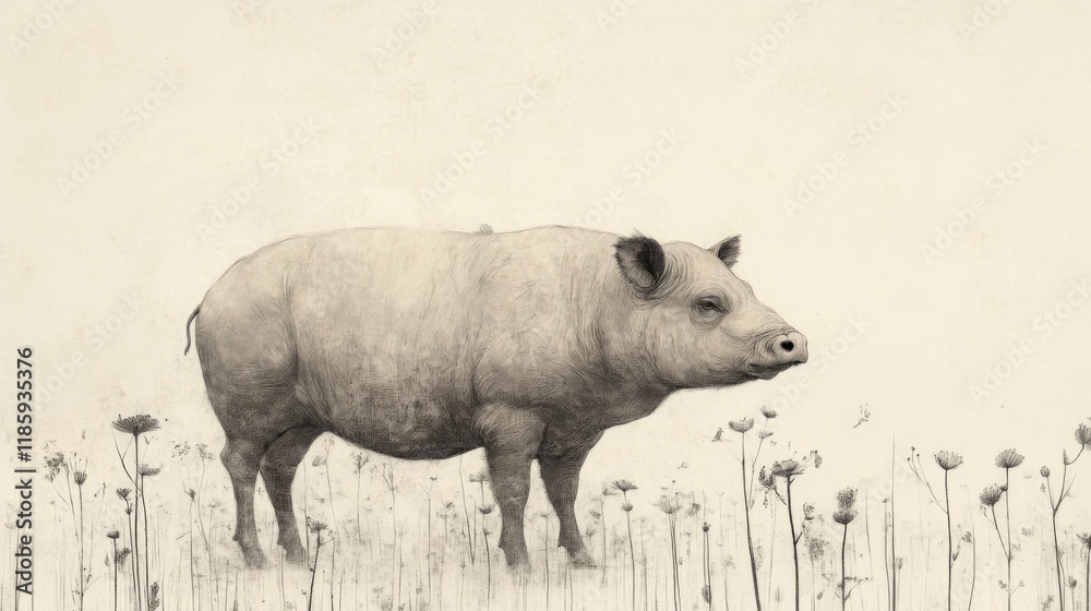 Naklejka premium A lone pig stands in a field of wildflowers, rendered in sepia tones.
