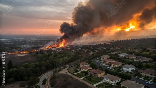 Aerial shot of a large wildfire at sunset. Massive smoke plumes rise, engulfing a residential area. Flames rage across the landscape, causing widespread destruction.