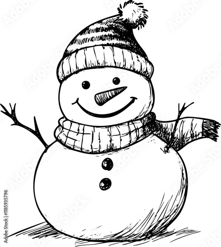 Hand-drawn snowman with a hat and scarf, smiling cheerfully.