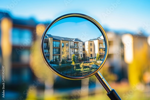 Beautiful cottage houses in the magnifying glass. Valuation of property, real estate concept.