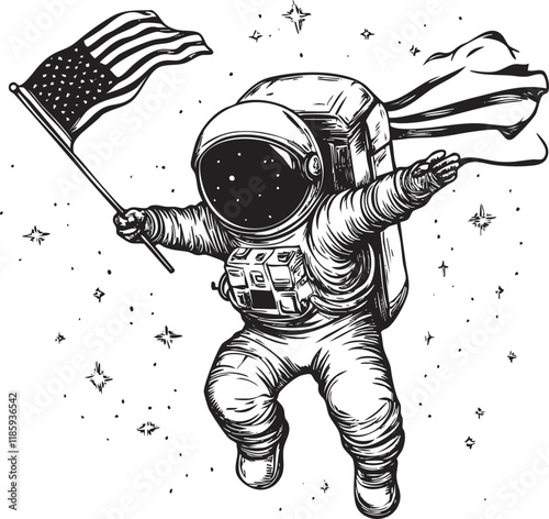 Black and white illustration of an astronaut holding a flag in space.