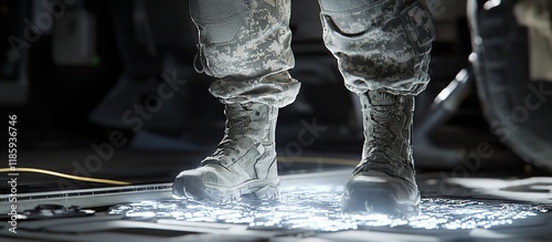 Soldier's futuristic boots illuminating the ground photo