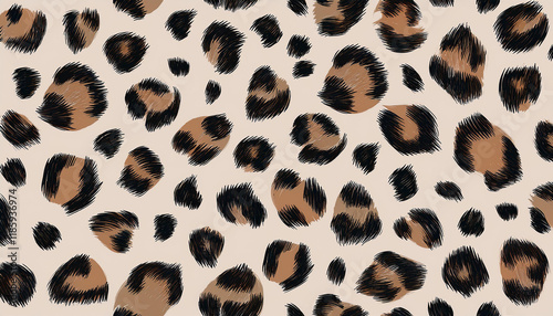 Leopard print., Vector seamless pattern, Animal jaguar skin background with black and brown spots on beige backdrop, Abstract exotic jungle texture.