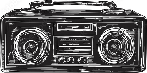 Vintage boombox illustration in black and white, depicting retro audio technology.