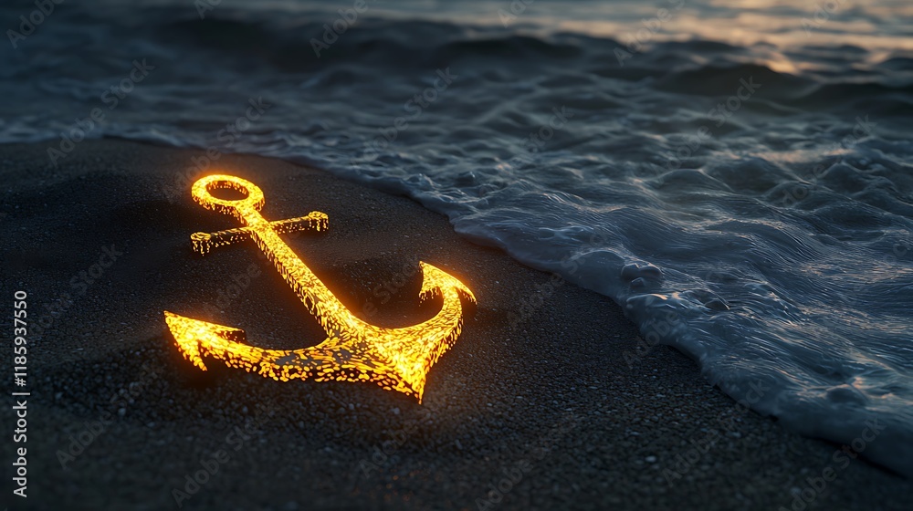Fototapeta premium A glowing anchor is on the beach