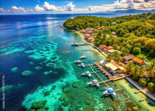 Drone captures Moalboal's stunning beauty: pristine coral, traditional boats, and idyllic resort life.