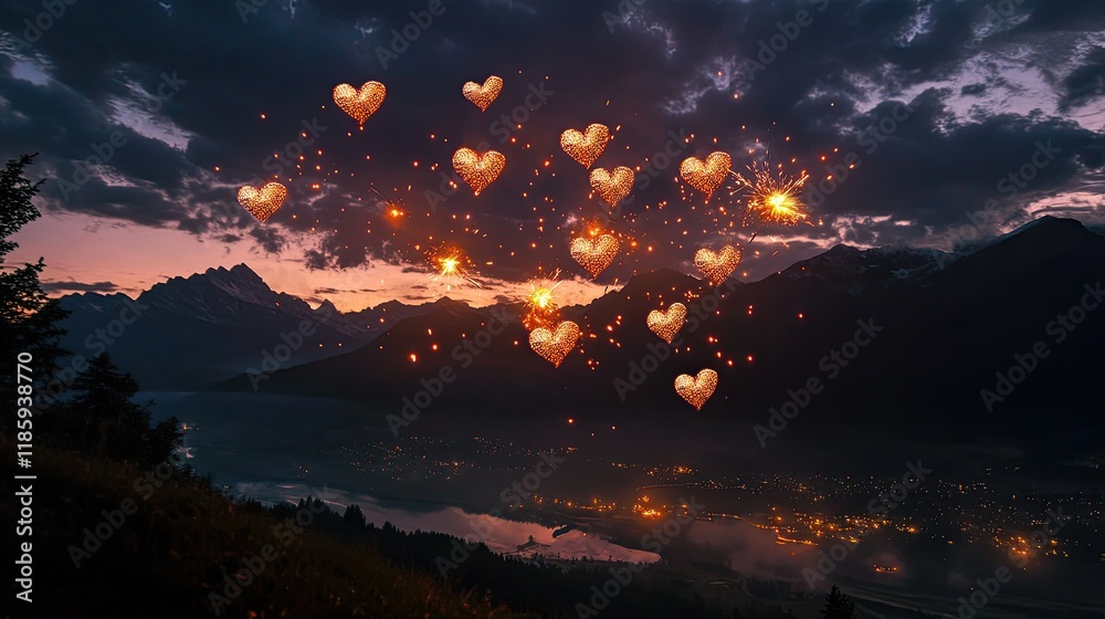 Fototapeta premium Sparkling Hearts over Majestic Mountain Panorama