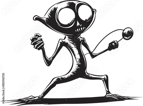 Black and white cartoon alien holding a lollipop in dynamic pose.