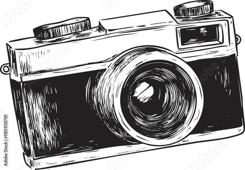 Vintage camera sketch illustration in black and white, detailed design.