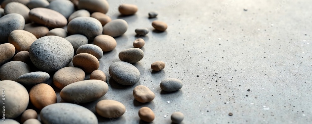 Scattered pebble stones on a clean and smooth cement floor, flooring, order