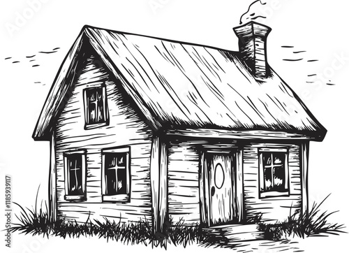 Rustic cabin illustration with chimney and grass in black and white.
