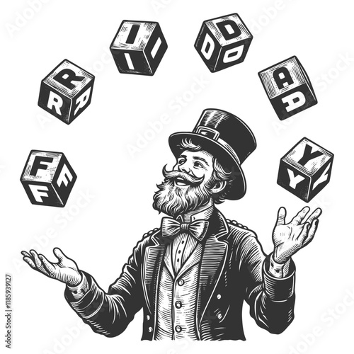 leprechaun juggling blocks spelling Friday, wearing a top hat with a shamrock sketch engraving generative ai fictional character vector illustration. Scratch board imitation. Black and white image.
