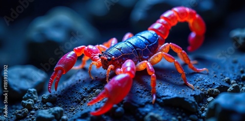 Scorpion Buthus occitanus under UV light on a rocky surface, UV light, Buthus occitanus photo